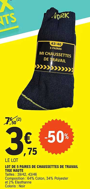 lot de 5 paires de chaussettes de travail tige haute