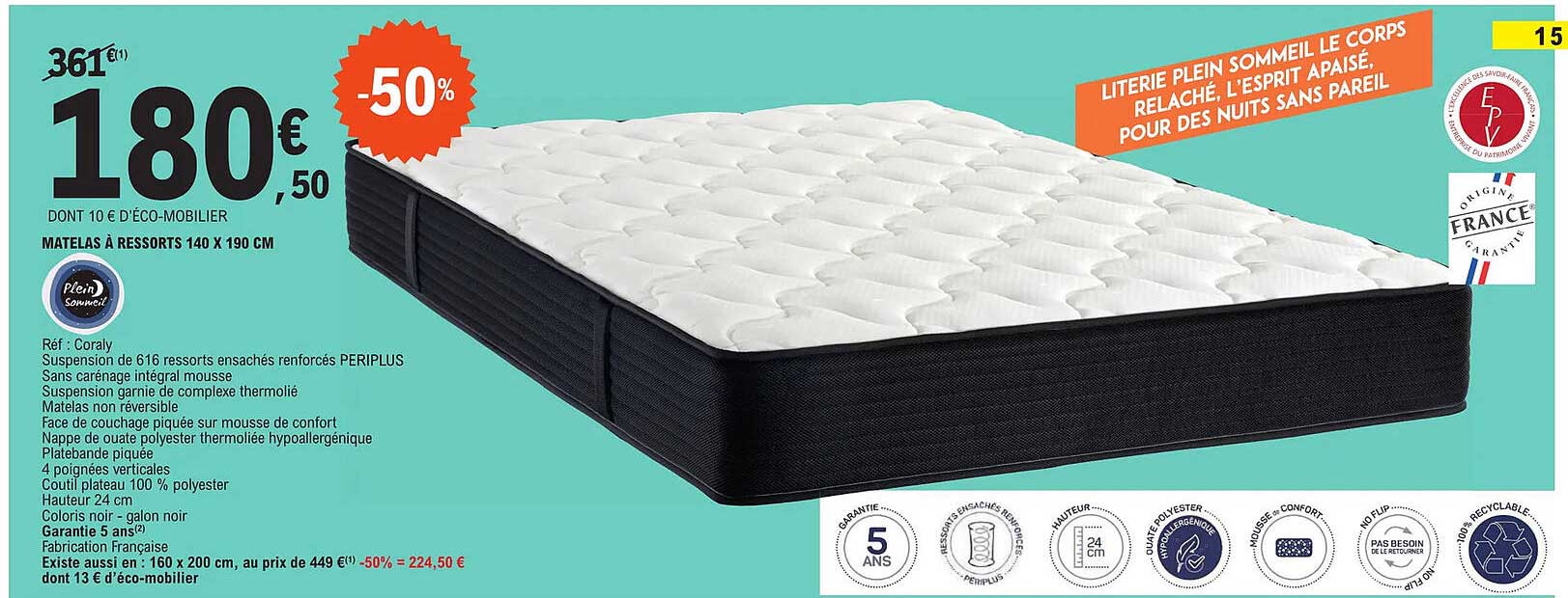 matelas à ressorts 140 x 190 cm plein sommeil