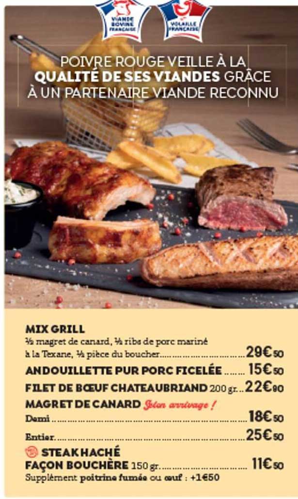 mix grill, andouillette pur porc ficelée, filet de bœuf chateaubriand, magret de canard, steak haché façon bouchère