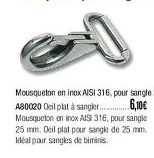 mousqueton en inox aisi 316, pour sangle a80020 œil plat à sangler