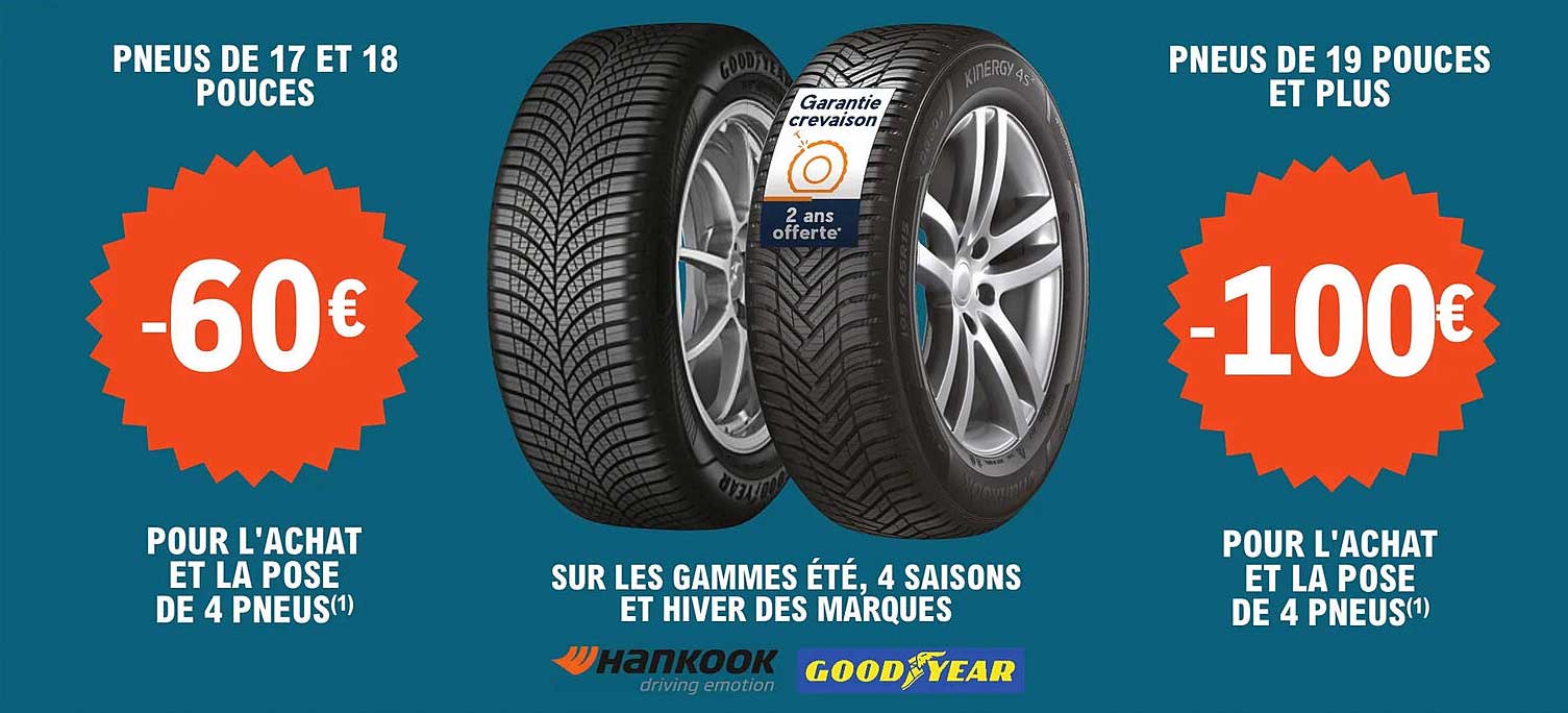 pneus de 17 et 18 pouces, les gammes été, 4 saisons et hiver des marques hankook, good year, pneu de 19 pouces et plus