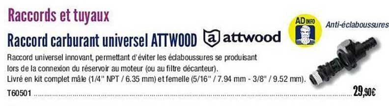 raccords et tuyaux raccard carburant universel attwood