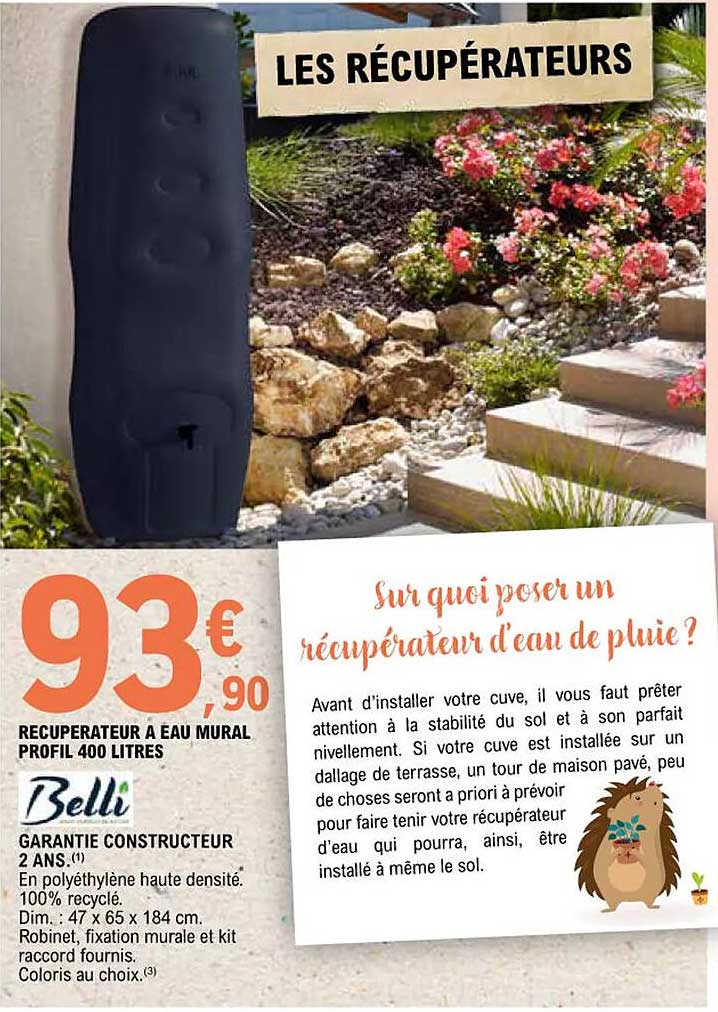 récupérateur à eau mural profil 400 litres belli