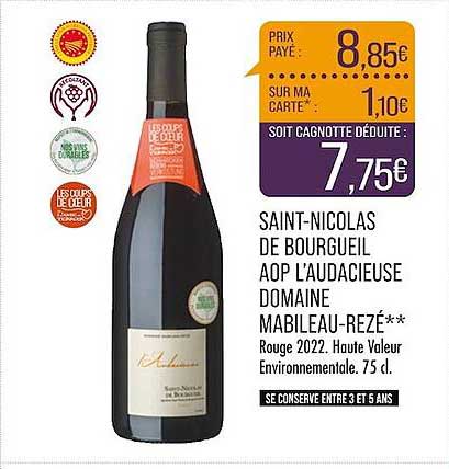 saint-nicolas de bourgueil aop l'audacieuse domaine mabileau-rezé rouge 2022