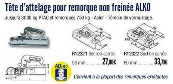 tête d'attelage pour remorque non freinée alko