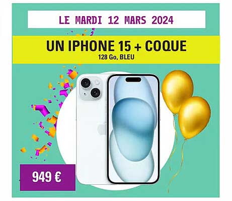 Un IPhone 15 128 Go, Bleu + Coque