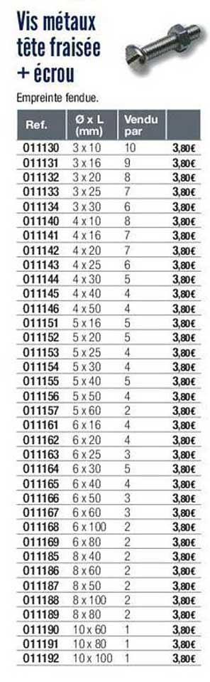 vis métaux tête fraisée + écrou