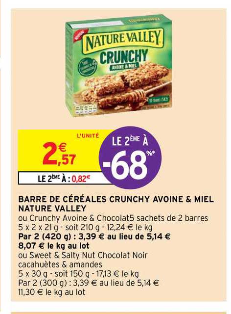 barre de céréales crunchy avoine & miel nature valley