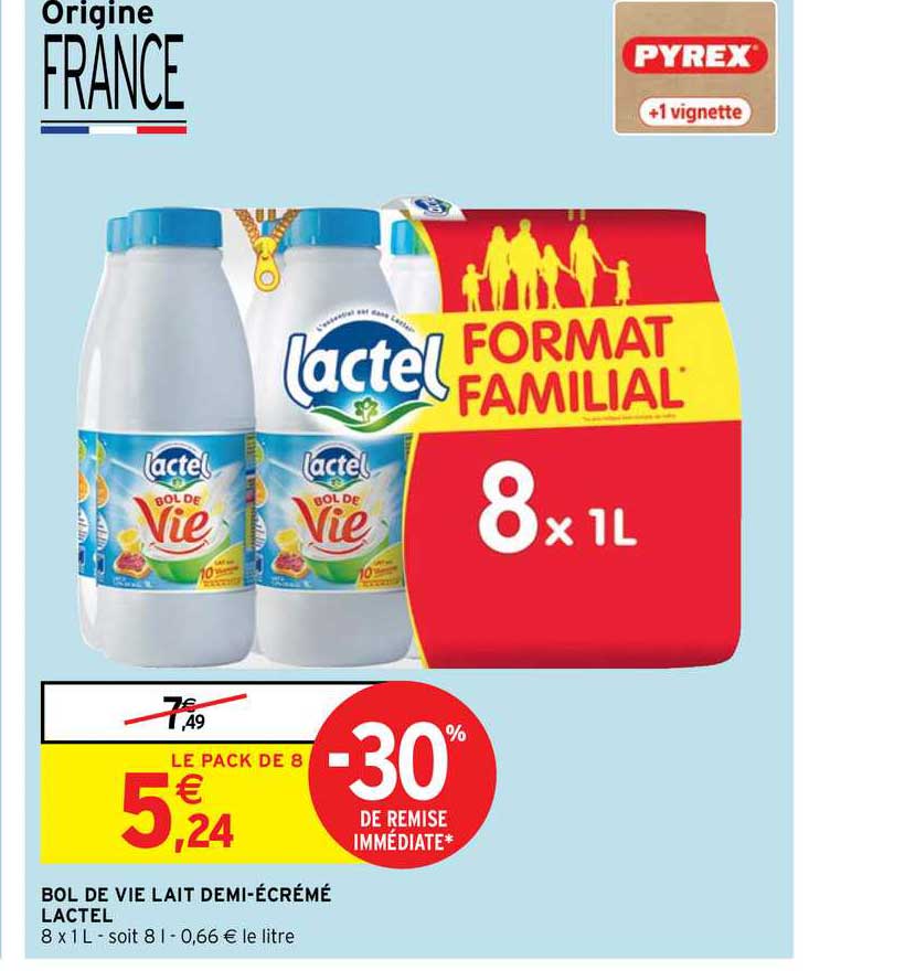 bol de vie lait demi-écrémé lactel -30% de remise immédiate