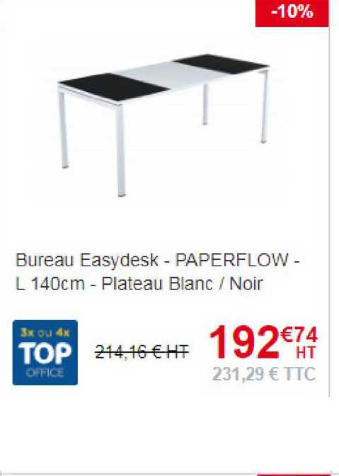 bureau easydesk - paperflow - l 140cm - plateau blanc - noir