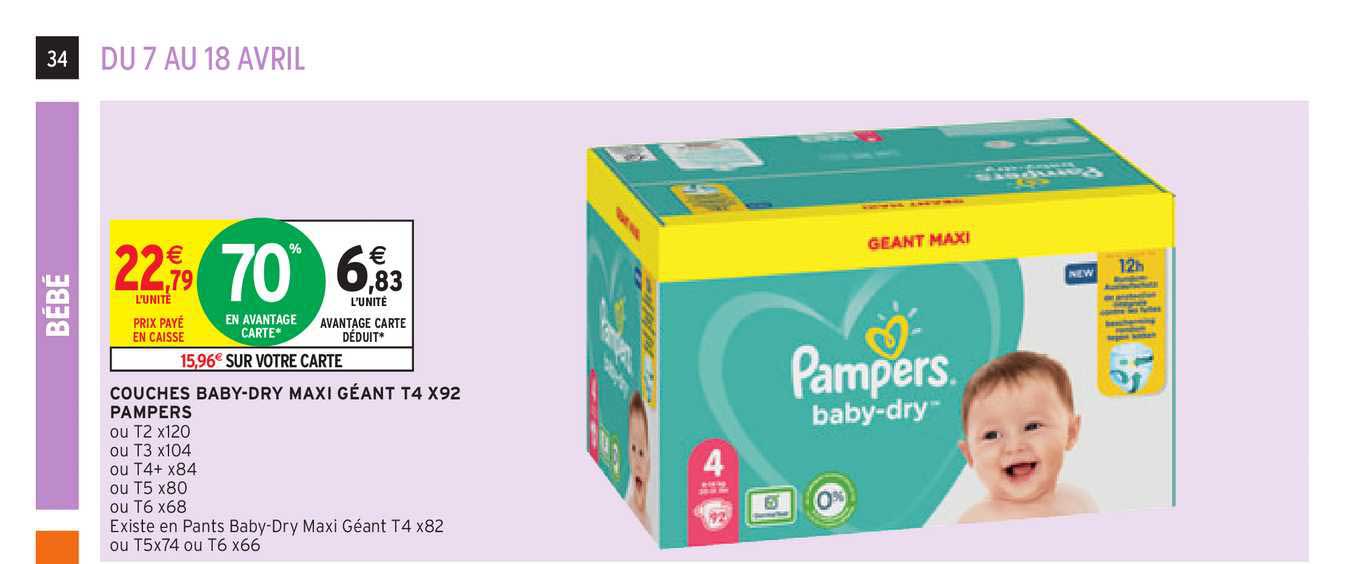 couches baby-dry maxi géant t4 x92 pampers