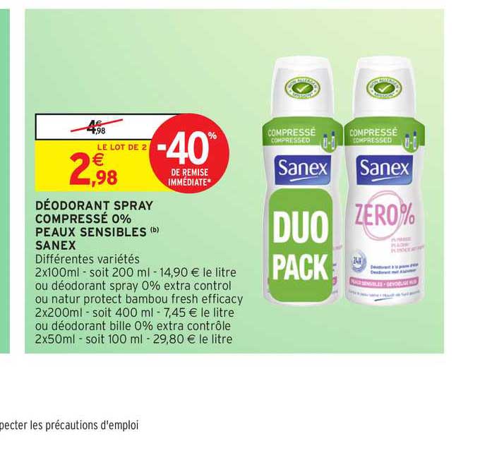déodorant spray compressé 0% peaux sensibles sanex -40% de remise immédiate