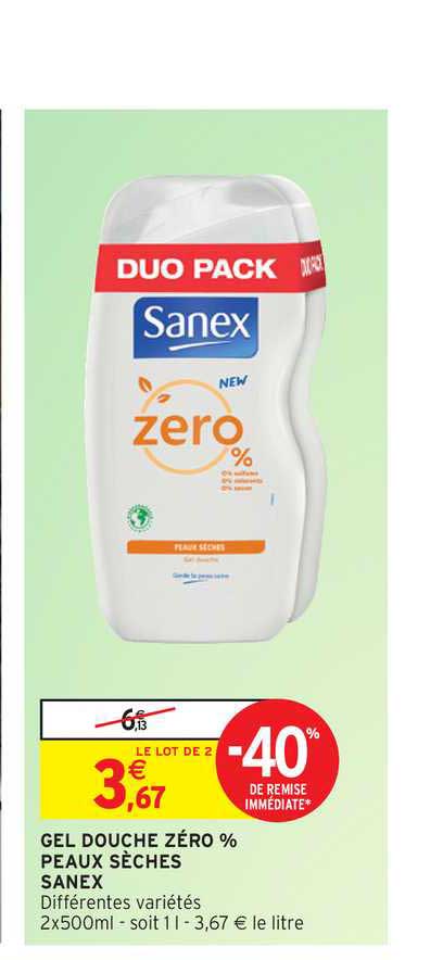 gel douche zéro peaux sèches sanex -40% de remise immédiate