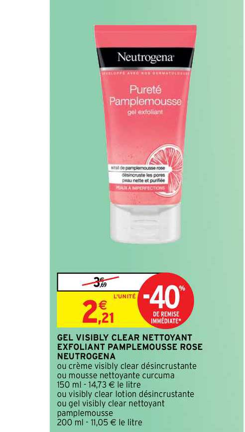 gel visibly clear nettoyant exfoliant pamplemousse rose neutrogena