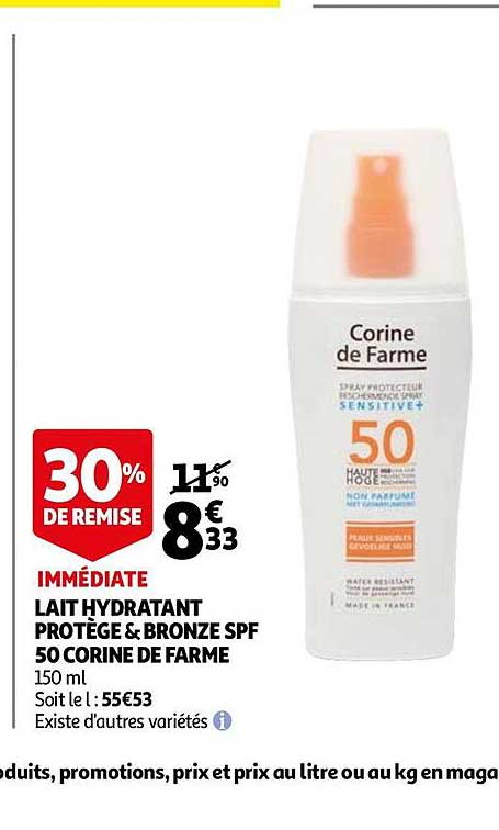 lait hydratant protège&bronze spf 50 corine de farme