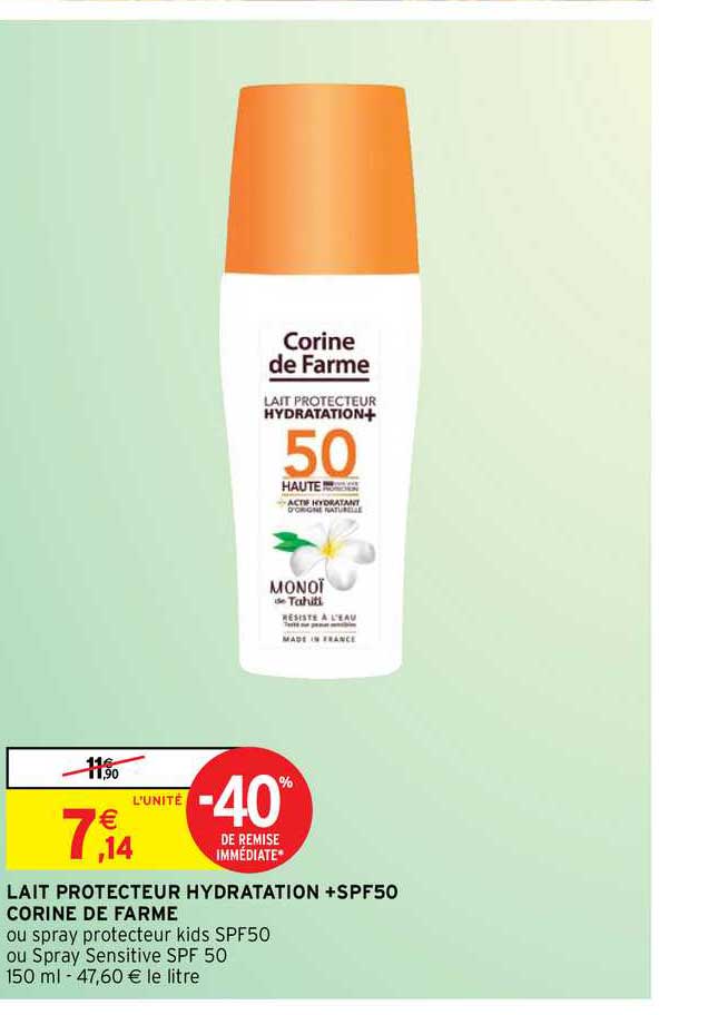 lait protecteur hydratation +spf50 corine de farme