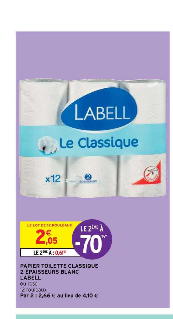 papier toilette classique 2 épaisseurs blancs labell le 2ème à -70%