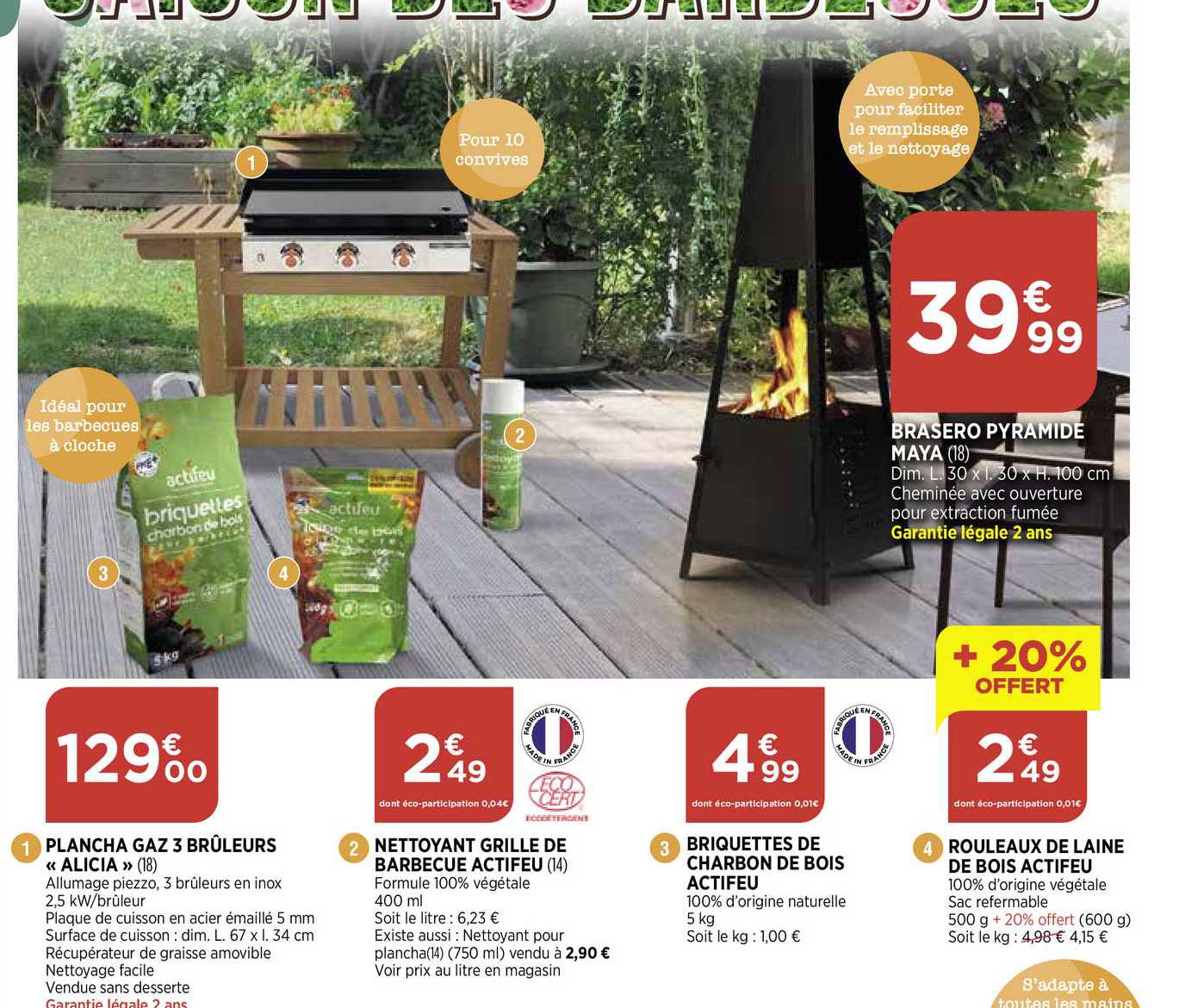 plancha gaz 3 brûleurs "alicia", nettoyant grille de barbecue actifeu, briquettes de charbon de bois actifeu, rouleaux de laine de bois actifeu, brasero pyramide maya