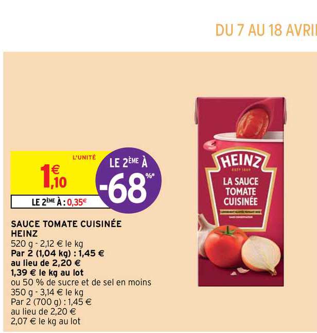 Sauce Tomate Cuisinée Heinz Le 2ème à -68%