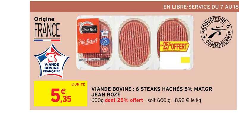 viande bovine : 6 steaks hachés 5% mat.gr jean rozé