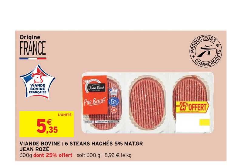 viande bovine : 6 steaks hachés 5% mat.gr. jean rozé