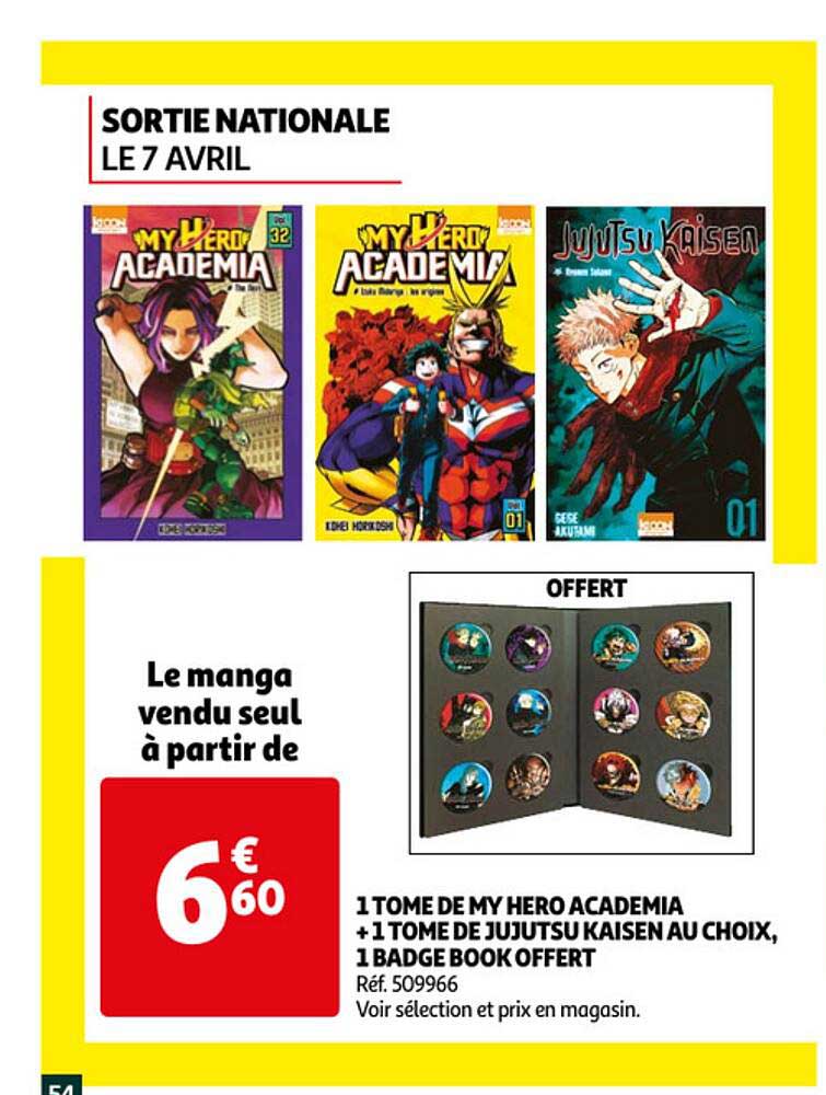 1 tome de my hero academia + 1 tome de jujutsu kaisen au choix, 1 badge book offert