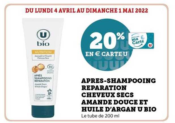 après-shampooing réparation cheveux secs amande douce et huile d'argan u bio