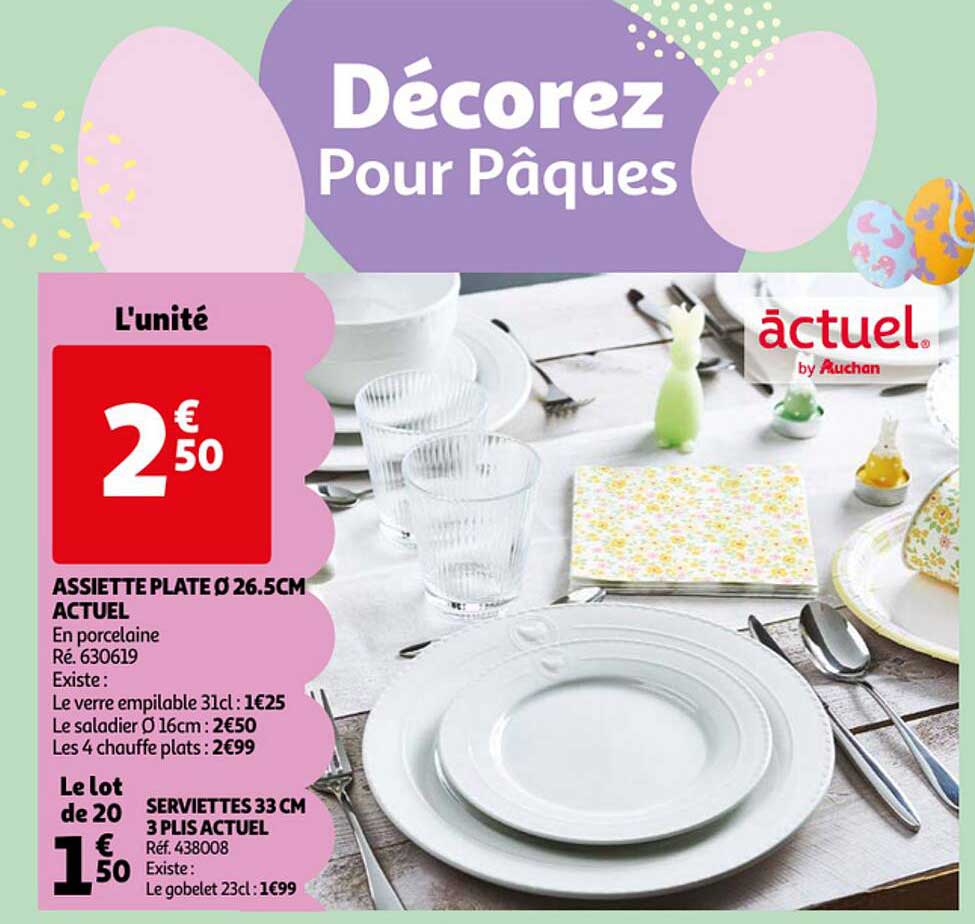 assiette plate ø 26.5cm actuel, serviettes 33 cm 3 plis actuel