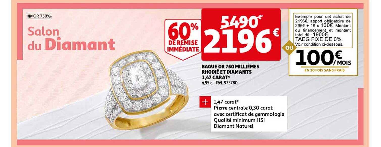 bague or 750 millièmes rhodié et diamants 1,47 carat