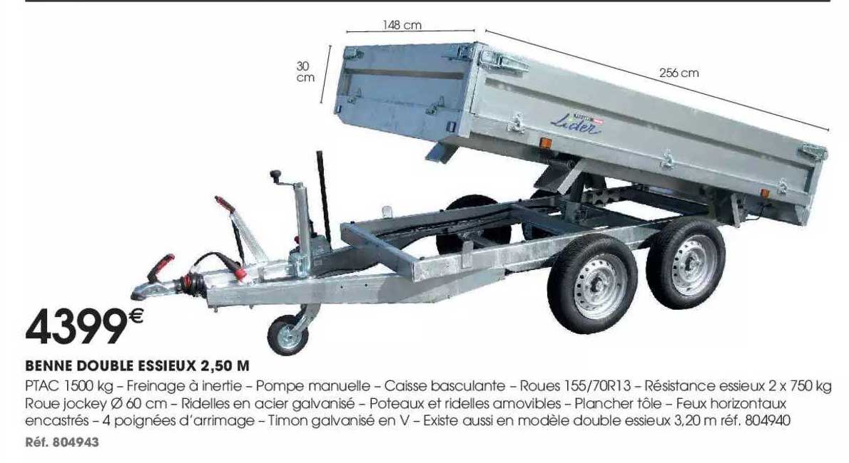 benne double essieux 2,5 m lider