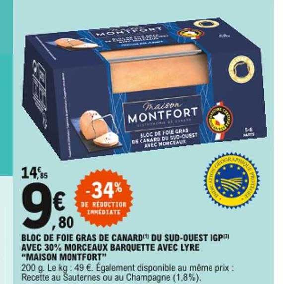 bloc de foie gras de canard du sud-ouest igp avec 30% morceaux barquette avec lyre "maison montfort