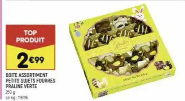boîte assortiment petits sujets fourrés praline verte