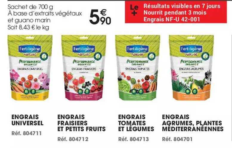 engrais universel, engrais fraisiers et petits fruits, engrais tomates et légumes, engrais agrumes, plantes méditerranéennes