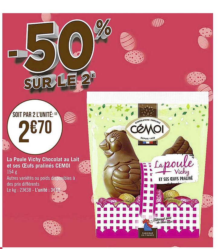 la poule vichy chocolat au lait et ses oeufs pralinés cémoi