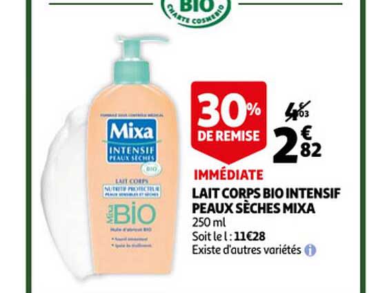lait corps bio intensif peau sèches mixa