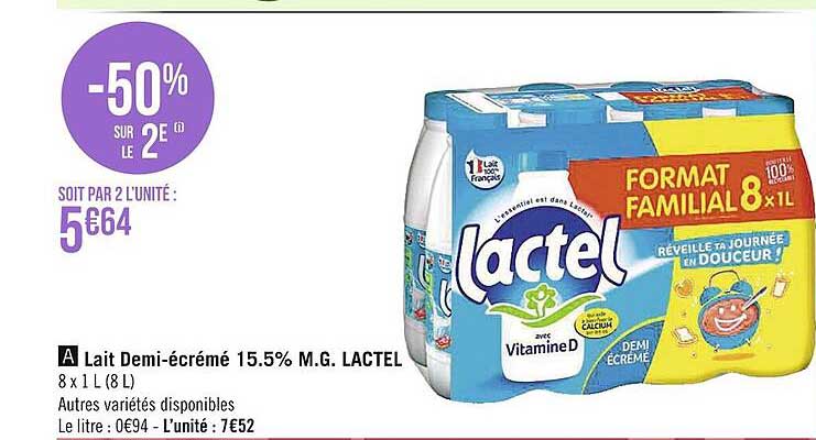 lait demi-écrémé 15.5% m.g. lactel