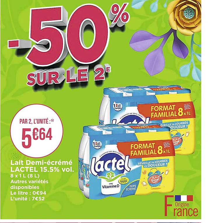 lait demi-écrémé lactel 15.5% vol.