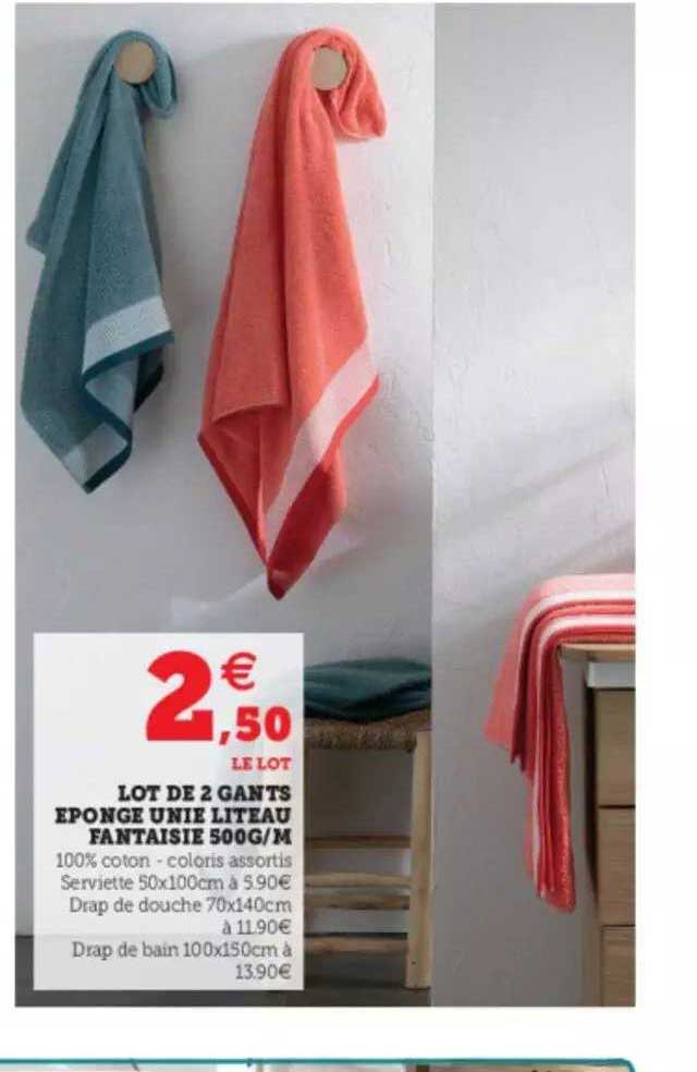 Lot De 2 Gants éponge Unie Liteau Fantaisie 500g-m²