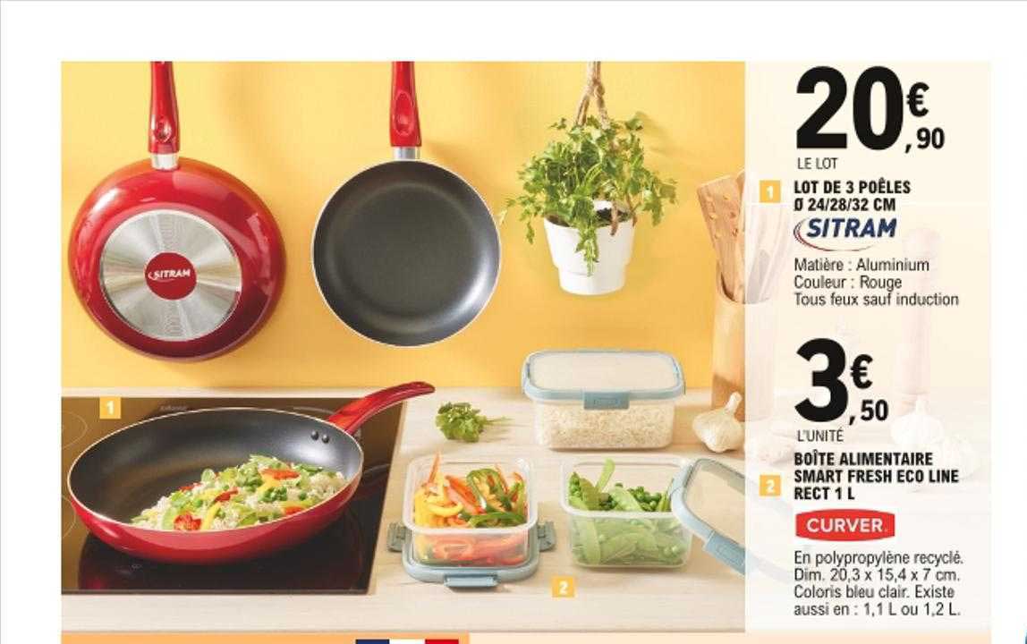 lot de 3 poêles ø 24-28-32 cm sitram, boîte alimentaire smart fresh éco line rect 1 l curver