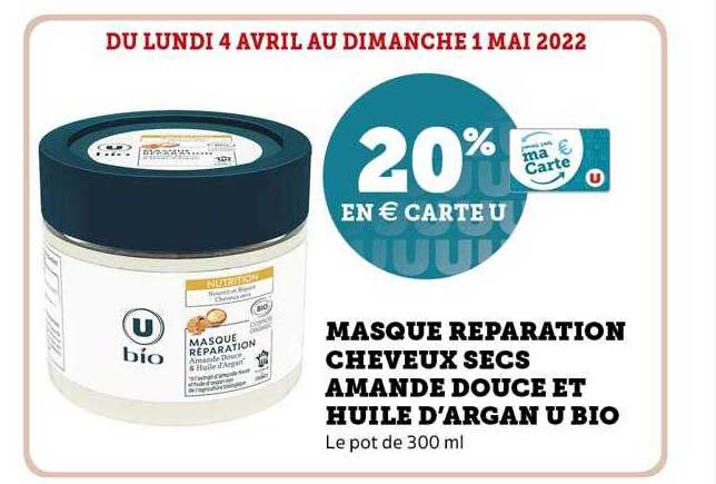 masque réparation cheveux secs amande douce et huile d'argan u bio