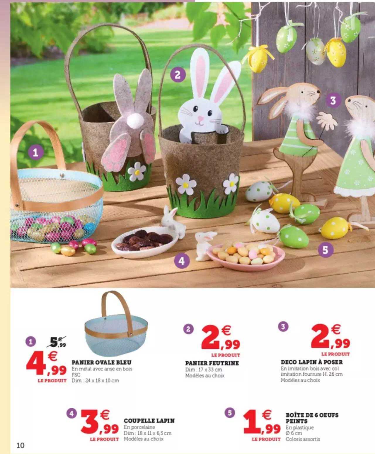 panier ovale bleu, coupelle lapin, panier feutrine, déco lapin à poser, boîte de 6 oeufs peints