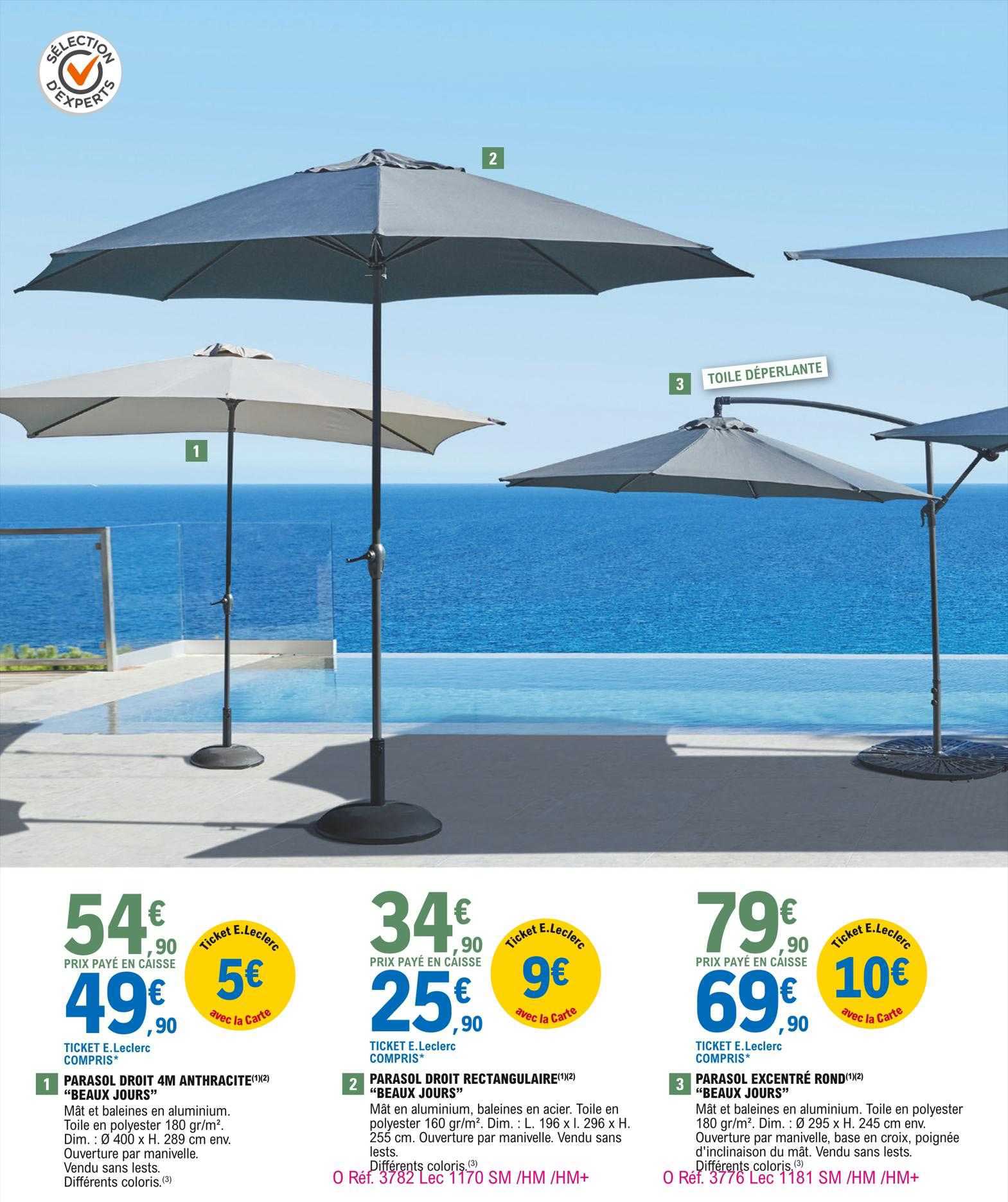 Parasol Droit 4m Anthracite "beaux Jours", Parasol Droit Rectangulaire "beaux Jours", Parasol Excentré Rond "beaux Jours"