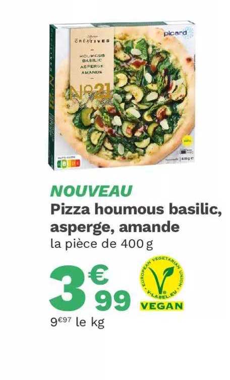 pizza houmous basilic, asperge, amande