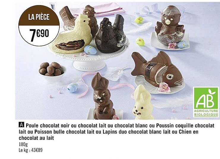 poule chocolat noir ou chocolat lait ou chocolat blanc ou poussin coquille chocolat lait ou poisson bulle chocolat lait ou lapins duo chocolat blanc lait ou chien en chocolat au lait
