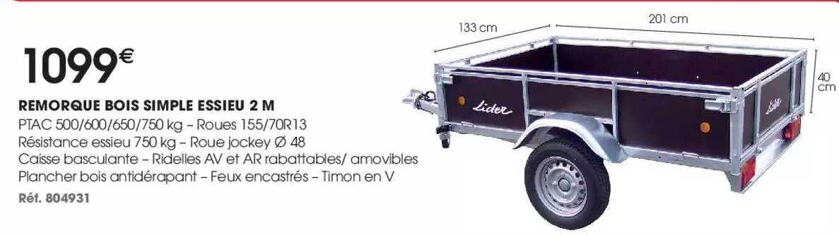 remorque bois simple essieu 2 m