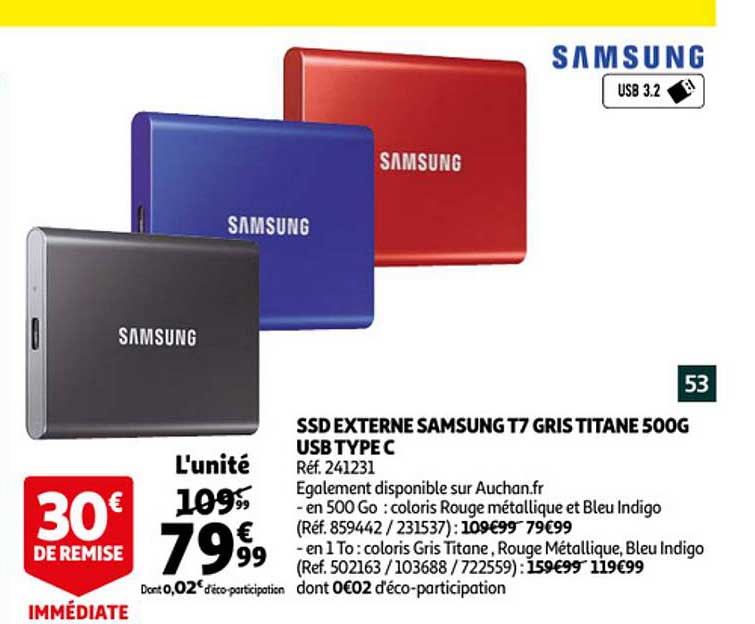 ssd externe samsung t7 gris titane 500g usb type c