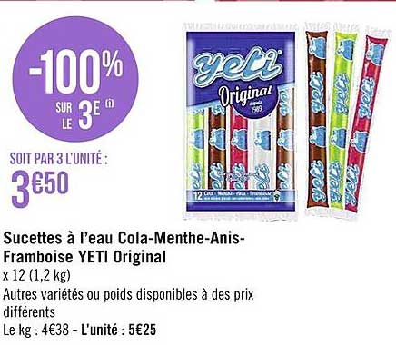 sucettes à l'eau cola-menthe-anis-framboise yeti original