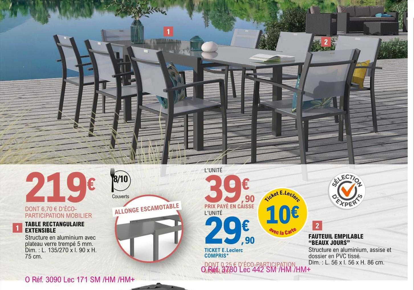 table rectangulaire extensible, fauteuil empilable "beaux jours"