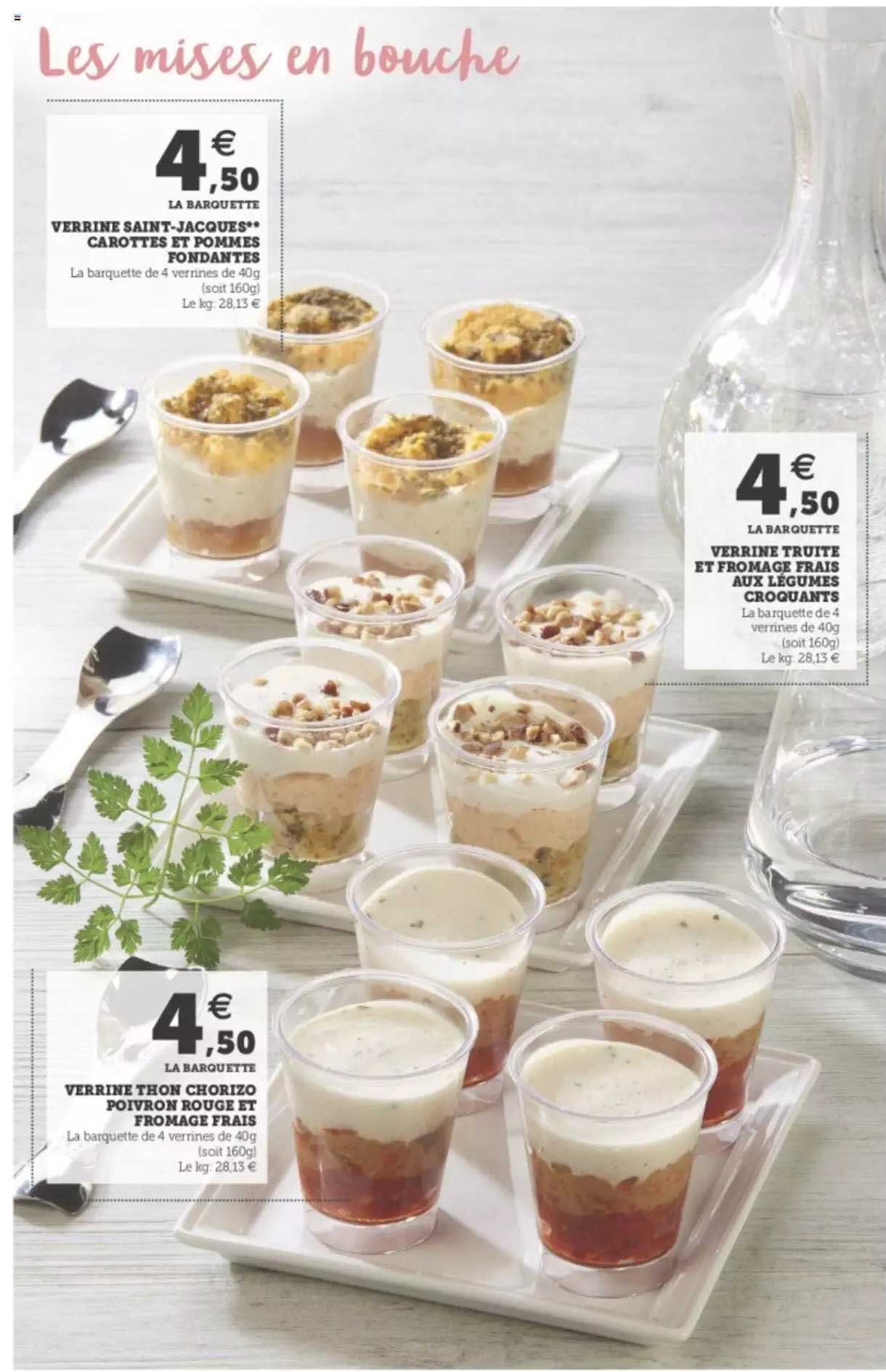 verrine saint-jacques carottes et pommes fondantes, verrine truite et fromage frais aux légumes croquants, verrine thon chorizo poivron rouge et fromage frais