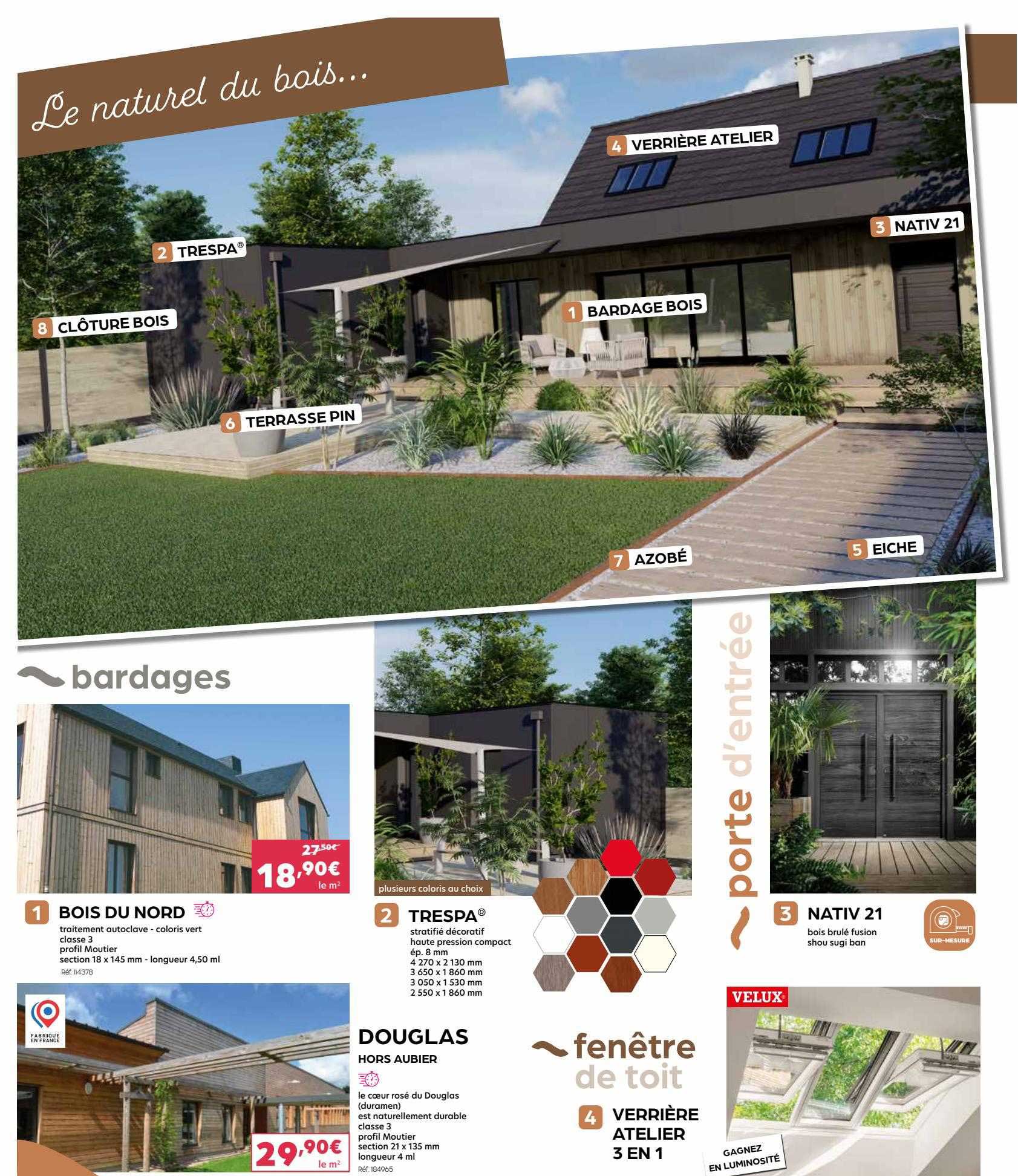 bardages bois du nord, trespa, douglas, fenêtre de toit verrière atelier 3 en 1, porte d'entrée nativ 21